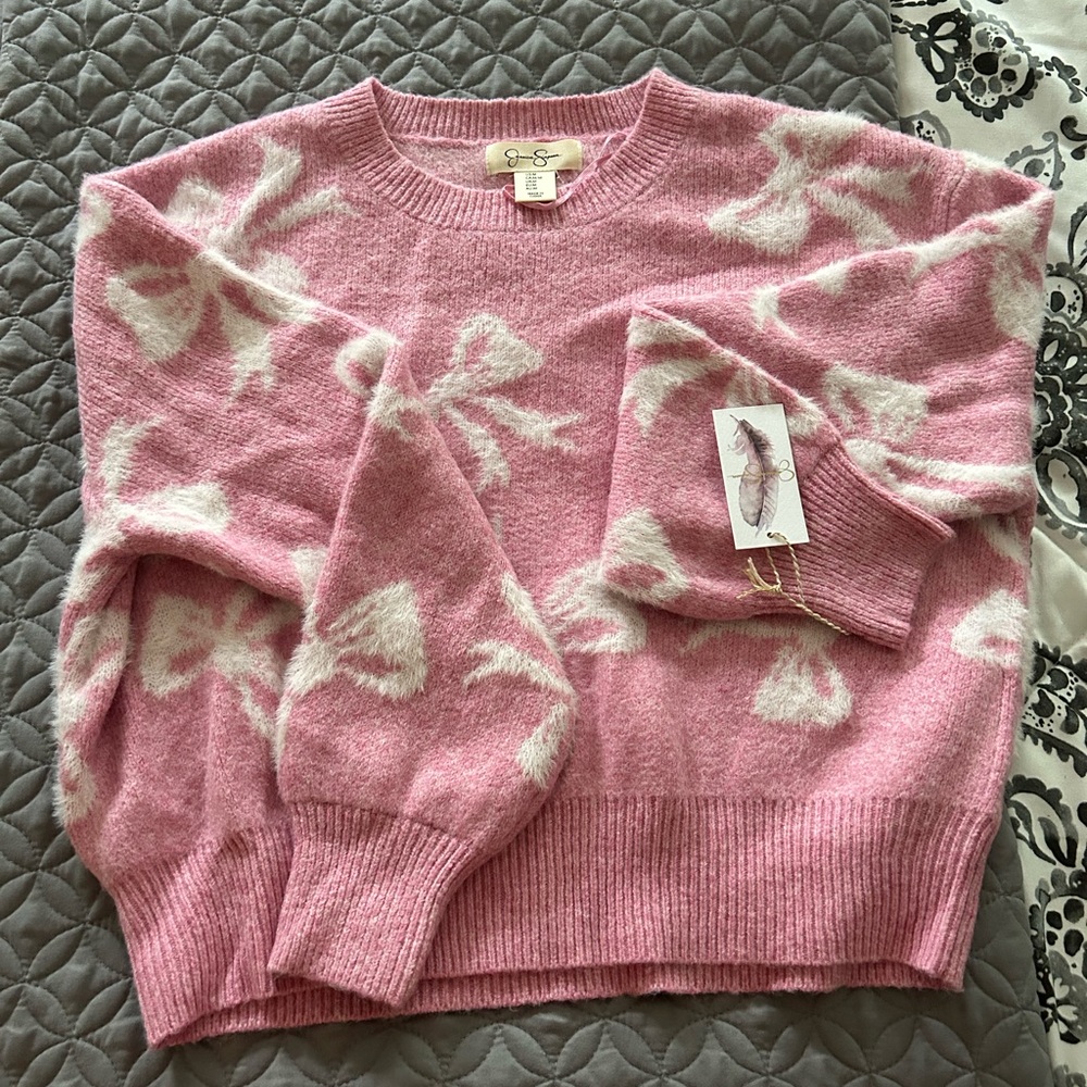 Jessica Simpson Pink and White Bow Sweater / Girls Size M